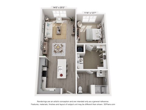 Floor plan for 1 bed, 1 bath, 849 sqft